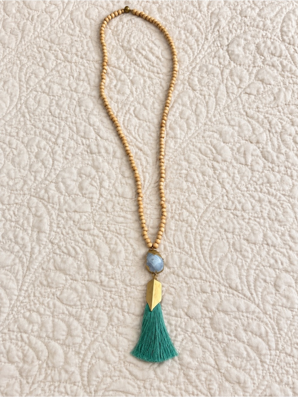 Beaded Tassel Necklace with Teal Tassel and Blue Stone Pendant
